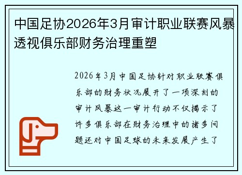 中国足协2026年3月审计职业联赛风暴透视俱乐部财务治理重塑 中国足协2026年3月审计职业联赛风暴透视俱乐部财务治理重塑
