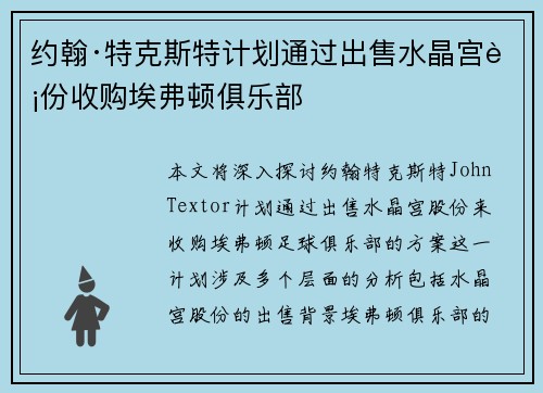 约翰·特克斯特计划通过出售水晶宫股份收购埃弗顿俱乐部